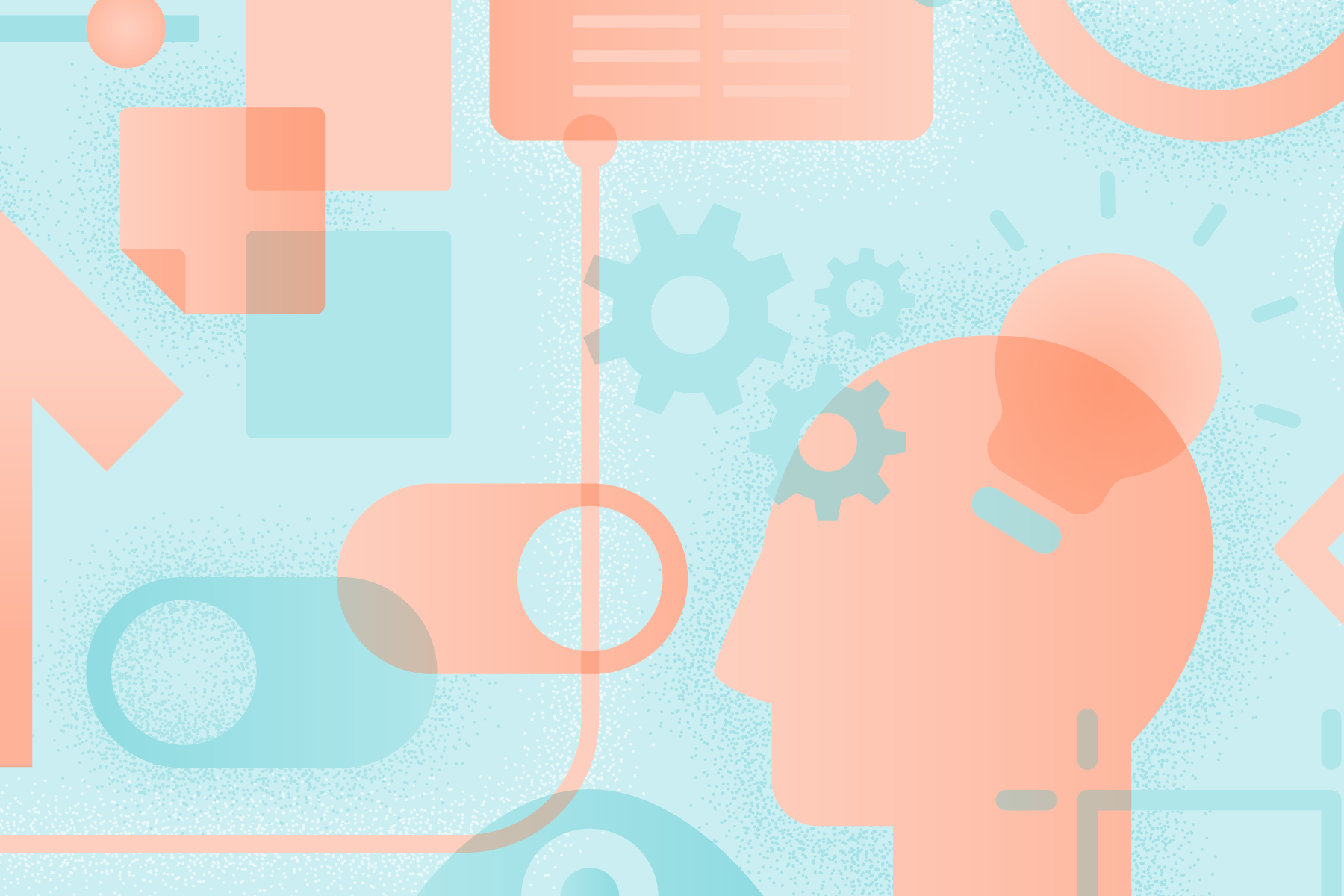 orange illustration of a person and shapes on a light blue background